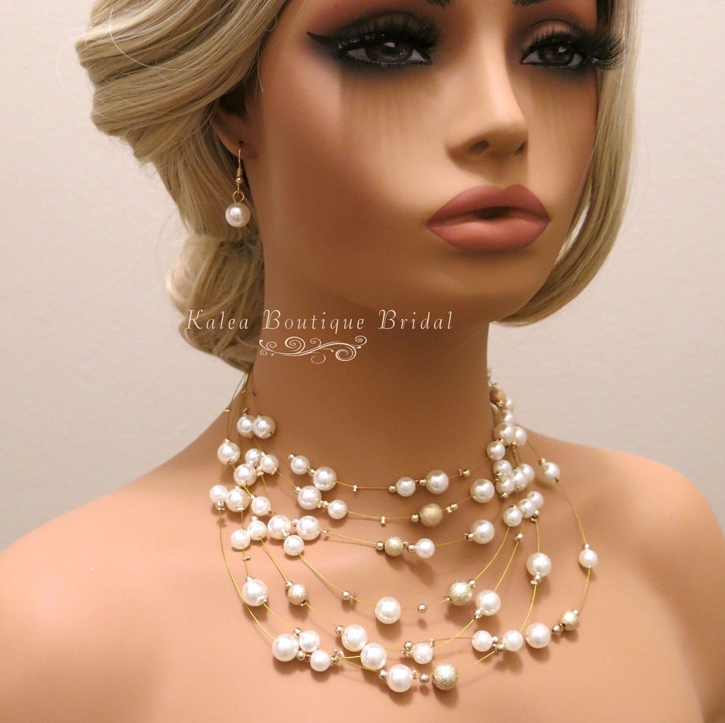 Floating Bead and Pearl 3 PC Jewelry Set, Multi Strand Bridal Statement Necklace and Earrings Set, Wedding Necklace - KaleaBoutique.com