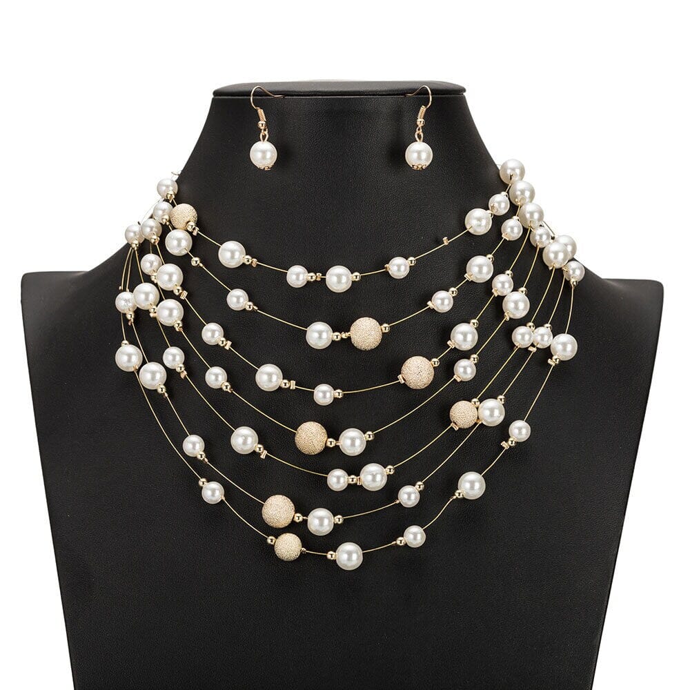 Floating Bead and Pearl 3 PC Jewelry Set, Multi Strand Bridal Statement Necklace and Earrings Set, Wedding Necklace - KaleaBoutique.com