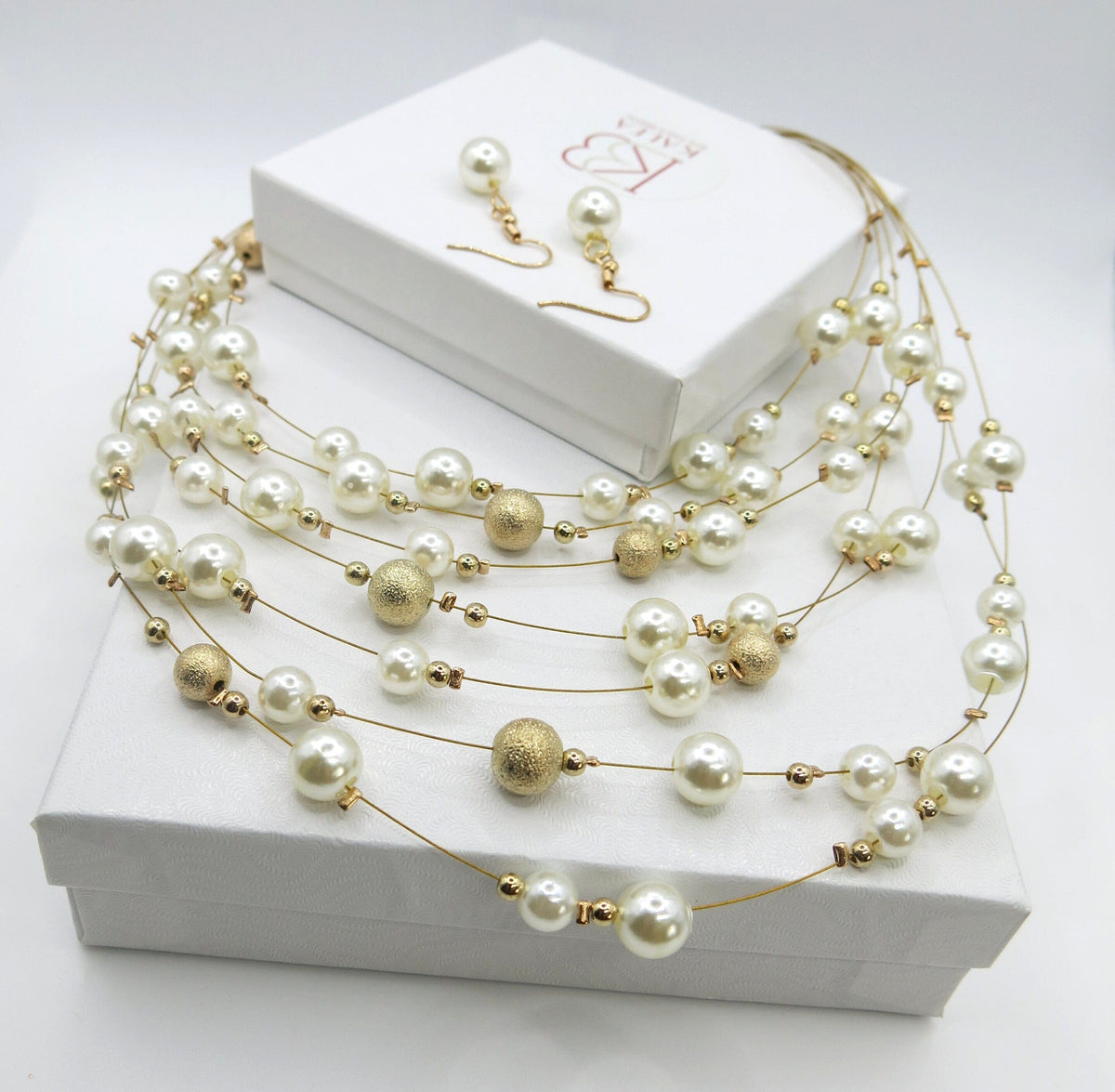 Floating Bead and Pearl 3 PC Jewelry Set, Multi Strand Bridal Statement Necklace and Earrings Set, Wedding Necklace - KaleaBoutique.com