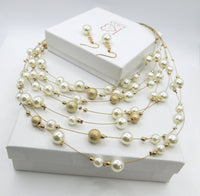 Floating Bead and Pearl 3 PC Jewelry Set, Multi Strand Bridal Statement Necklace and Earrings Set, Wedding Necklace - KaleaBoutique.com