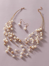Floating Bead and Pearl 3 PC Jewelry Set, Multi Strand Bridal Statement Necklace and Earrings Set, Wedding Necklace - KaleaBoutique.com