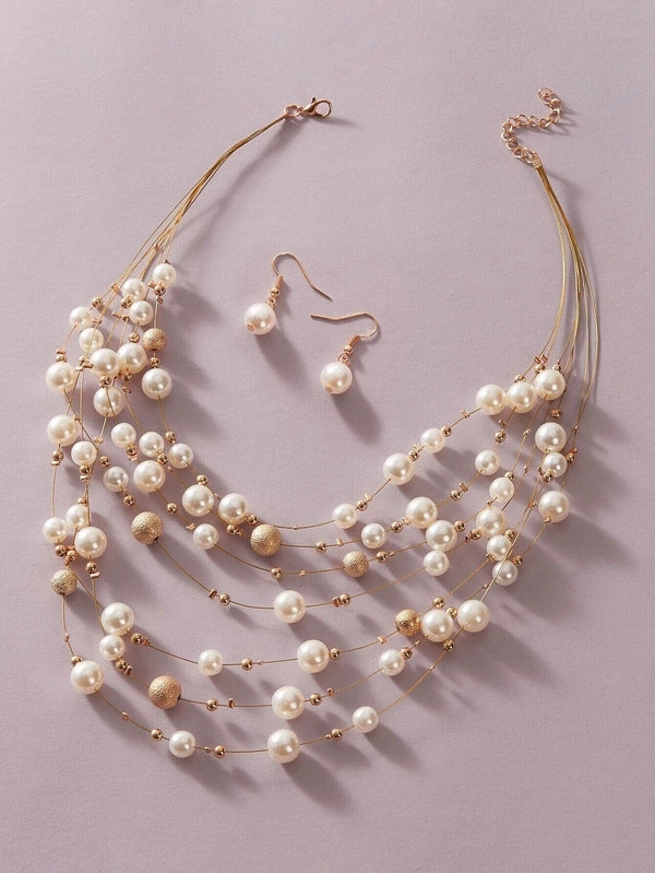 Floating Bead and Pearl 3 PC Jewelry Set, Multi Strand Bridal Statement Necklace and Earrings Set, Wedding Necklace - KaleaBoutique.com