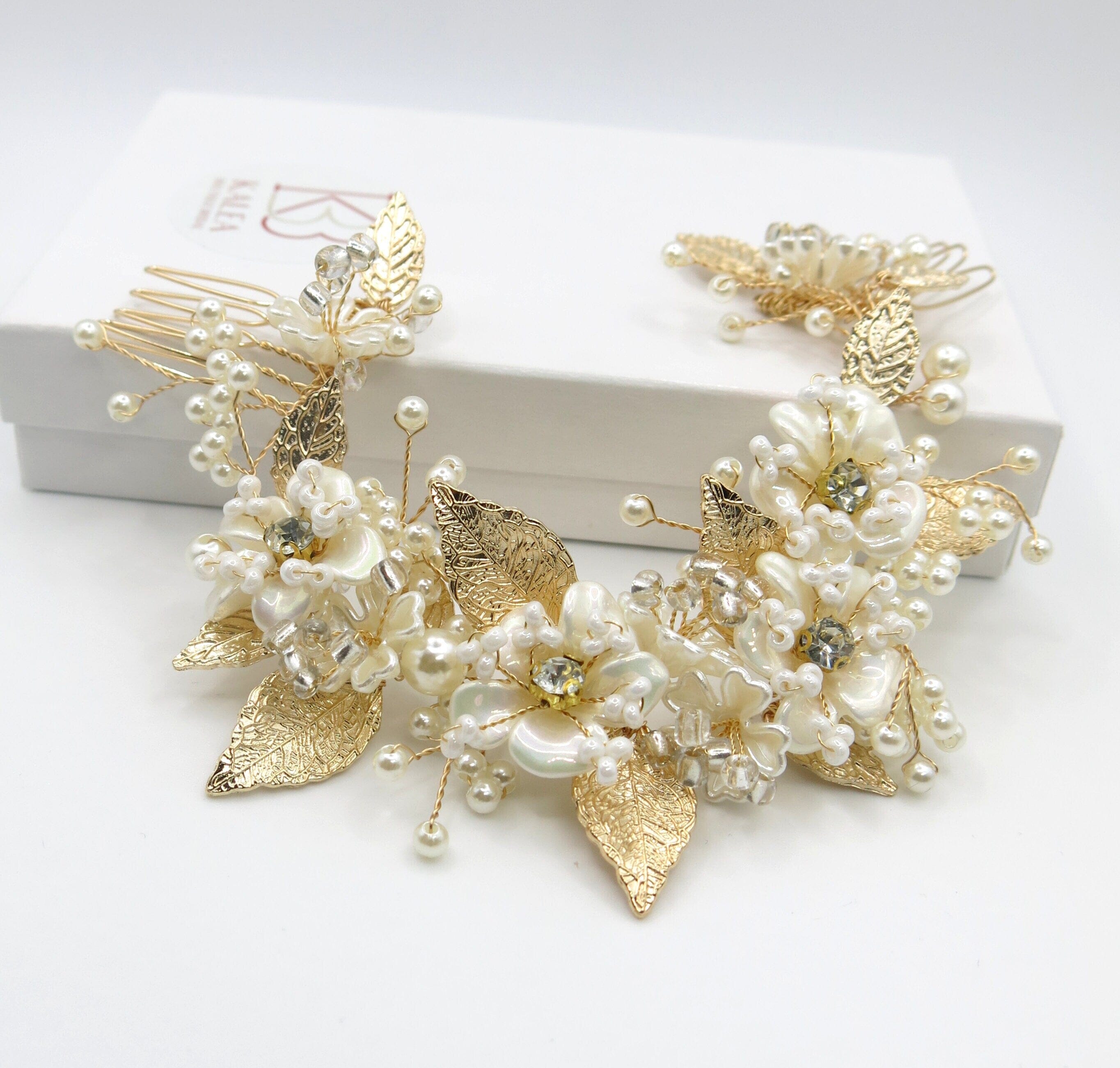 Floral Hair Wire Dual Hair Comb, Bridal Flower Pearl Hair 