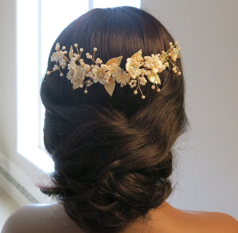 Floral Hair Wire Dual Hair Comb, Bridal Flower Pearl Hair Vine, Wedding Carved Pearl Flower Headband Tiara - KaleaBoutique.com