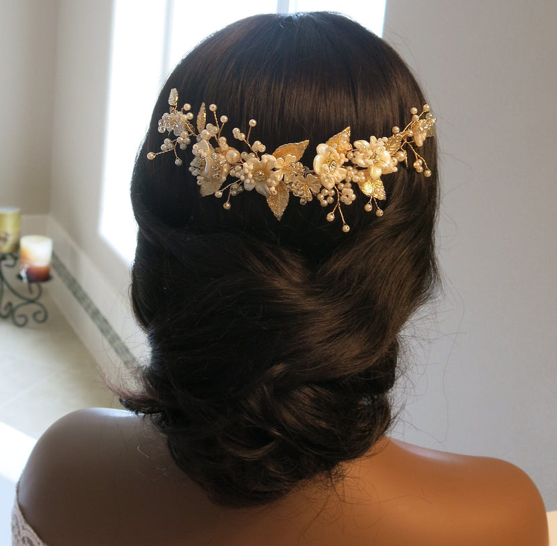 Floral Hair Wire Dual Hair Comb, Bridal Flower Pearl Hair Vine, Wedding Carved Pearl Flower Headband Tiara - KaleaBoutique.com