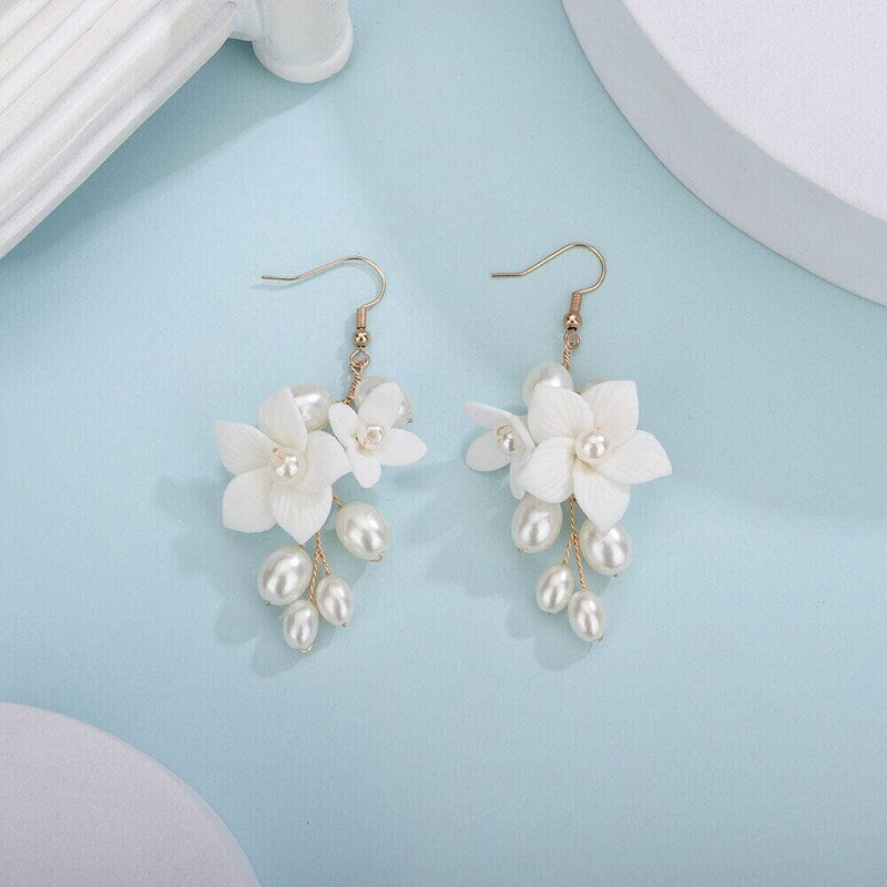 Floral Pearl Cluster Ceramic Earrings, Bridal White Clay Flower Earrings, Wedding Porcelain Flower Earrings - KaleaBoutique.com