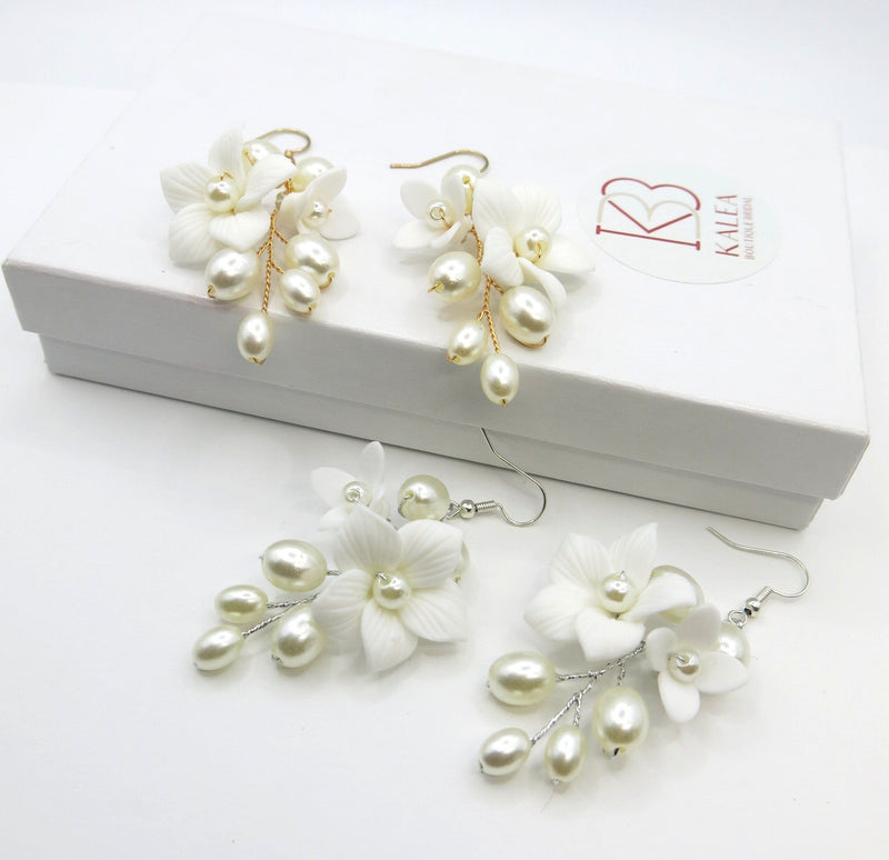 Floral Pearl Cluster Ceramic Earrings, Bridal White Clay Flower Earrings, Wedding Porcelain Flower Earrings - KaleaBoutique.com