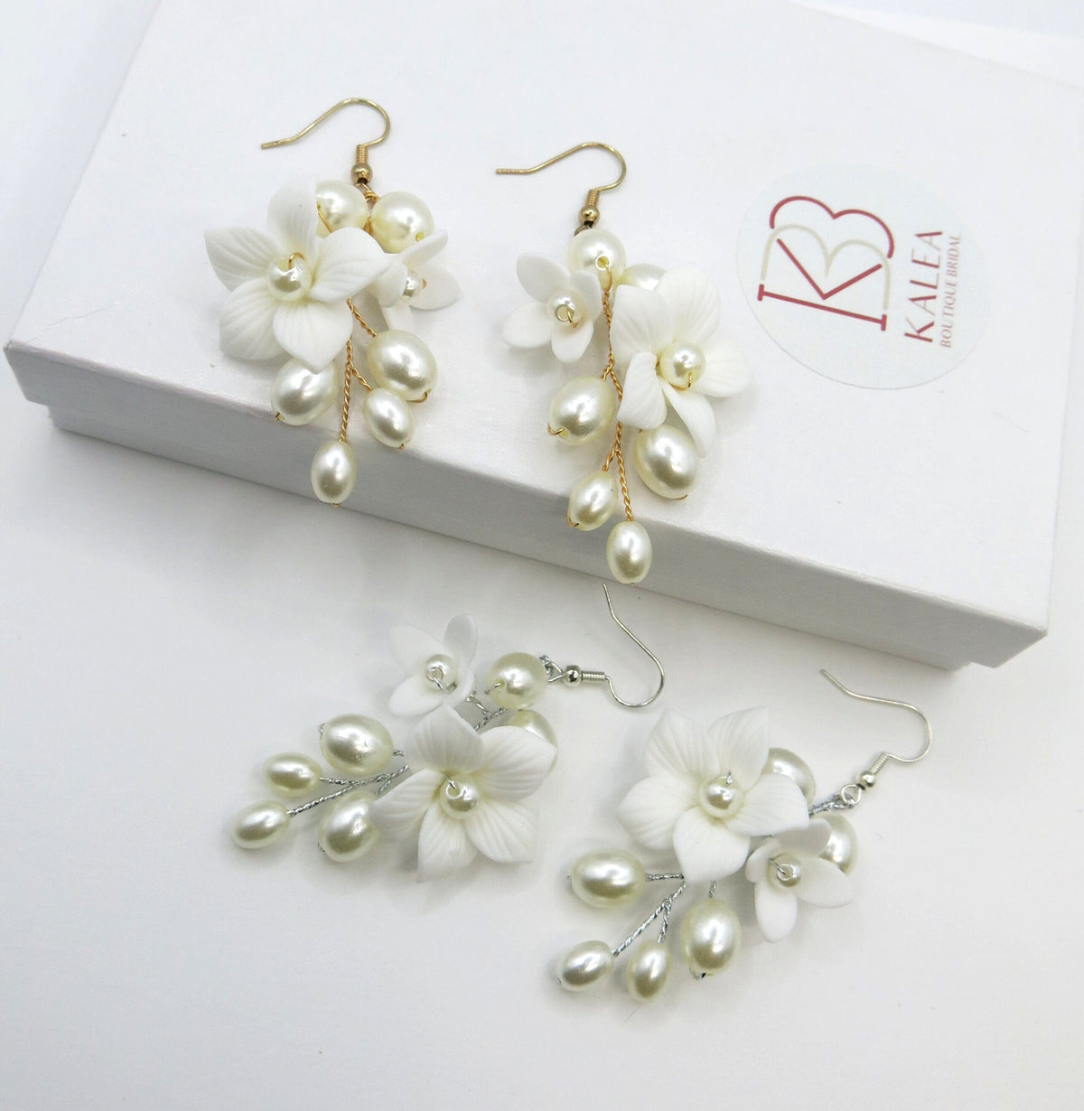 Floral Pearl Cluster Ceramic Earrings, Bridal White Clay Flower Earrings, Wedding Porcelain Flower Earrings - KaleaBoutique.com