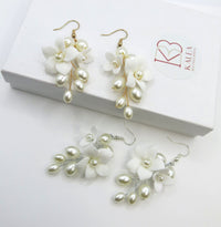 Floral Pearl Cluster Ceramic Earrings, Bridal White Clay Flower Earrings, Wedding Porcelain Flower Earrings - KaleaBoutique.com