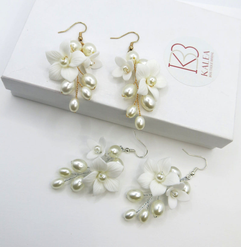 Floral Pearl Cluster Earrings, Bridal White Flower Earring, Bridesmaid Ceramic Flower Studs, Flower Branch Elegant Minimalist Pearl Earrings - KaleaBoutique.com