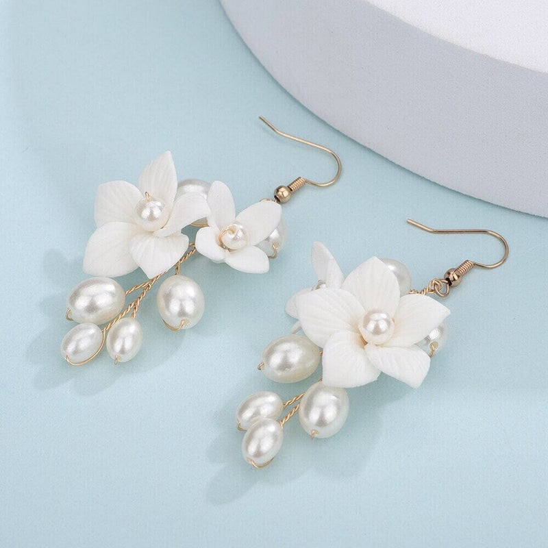 Floral Pearl Cluster Ceramic Earrings, Bridal White Clay Flower Earrings, Wedding Porcelain Flower Earrings - KaleaBoutique.com