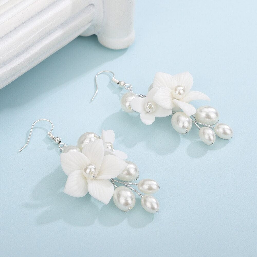 Floral Pearl Cluster Ceramic Earrings, Bridal White Clay Flower Earrings, Wedding Porcelain Flower Earrings - KaleaBoutique.com