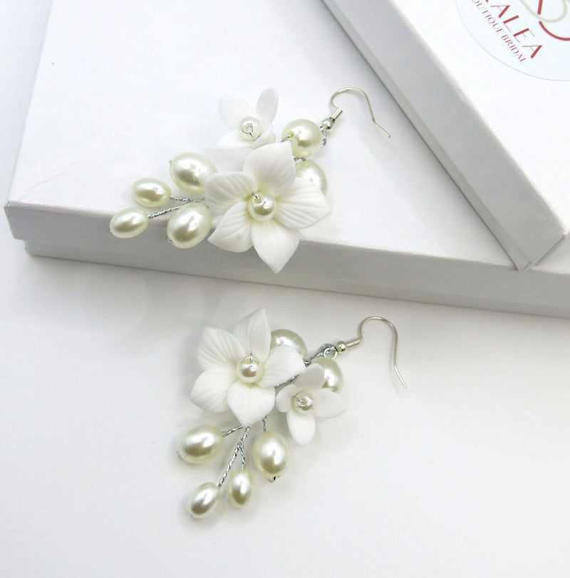 Floral Pearl Cluster Ceramic Earrings, Bridal White Clay Flower Earrings, Wedding Porcelain Flower Earrings - KaleaBoutique.com