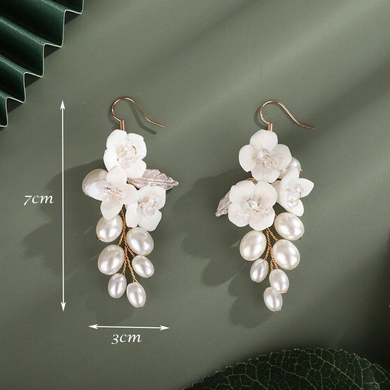 Floral Pearl Cluster Earrings, Bridal White Ceramic Flower Earrings, Wedding Clay Floral Earrings for Bride - KaleaBoutique.com
