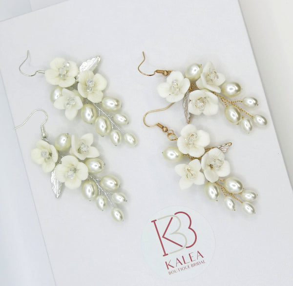 Floral Pearl Cluster Earrings, Bridal White Ceramic Flower Earrings, Wedding Clay Floral Earrings for Bride - KaleaBoutique.com