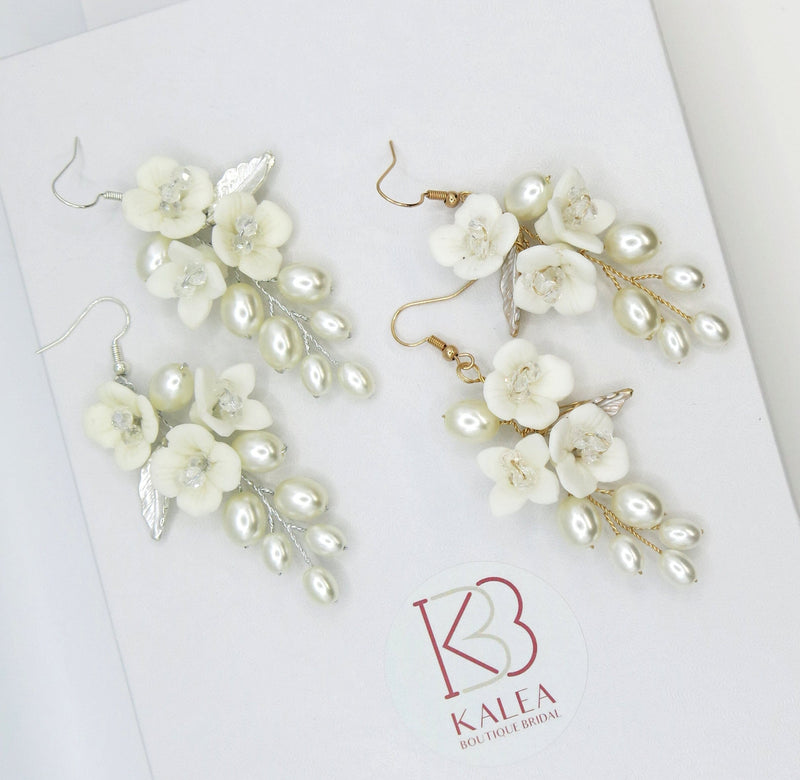 Floral Pearl Cluster Earrings, Bridal White Ceramic Flower Earrings, Wedding Clay Floral Earrings for Bride - KaleaBoutique.com