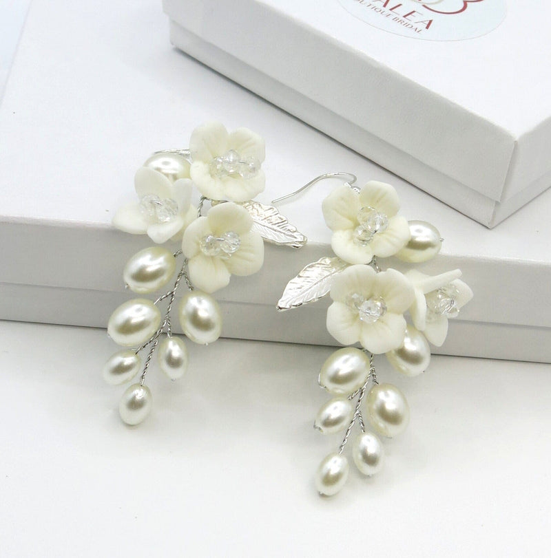 Floral Pearl Cluster Earrings, Bridal White Ceramic Flower Earrings, Wedding Clay Floral Earrings for Bride - KaleaBoutique.com