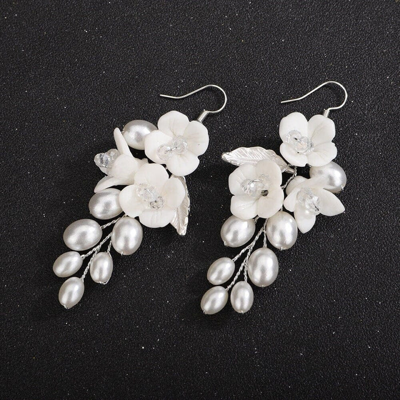 Floral Pearl Cluster Earrings, Bridal White Ceramic Flower Earrings, Wedding Clay Floral Earrings for Bride - KaleaBoutique.com