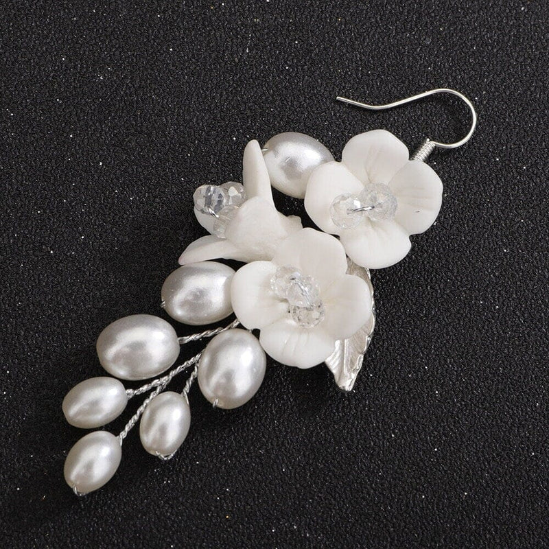 Floral Pearl Cluster Earrings, Bridal White Ceramic Flower Earrings, Wedding Clay Floral Earrings for Bride - KaleaBoutique.com