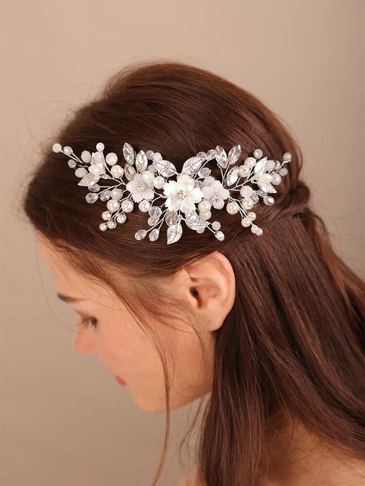 Floral Pearl Crystal Bridal Hairpiece, Wedding Silver Wire Hair Vine, Bridal White Flower Headpiece, Rhinestone Gem Leaf Wedding Hair Wire - KaleaBoutique.com
