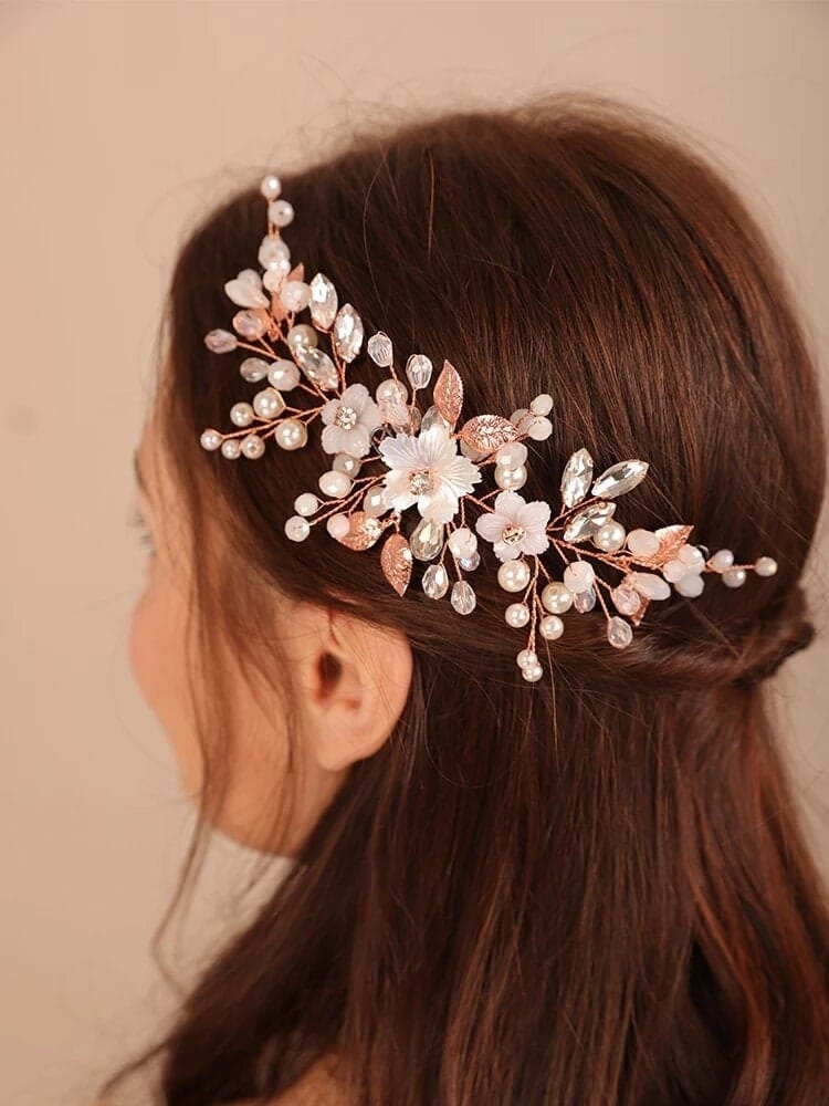 Floral Pearl Bridal Hairpiece, Wedding Wire Crystal Hair Vine, Bridal White Flower Headpiece - KaleaBoutique.com