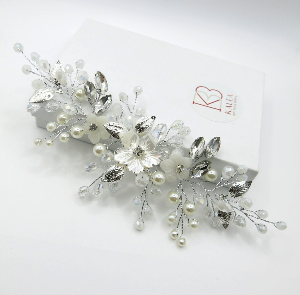 Floral Pearl Bridal Hairpiece, Wedding Wire Crystal Hair Vine, Bridal White Flower Headpiece - KaleaBoutique.com