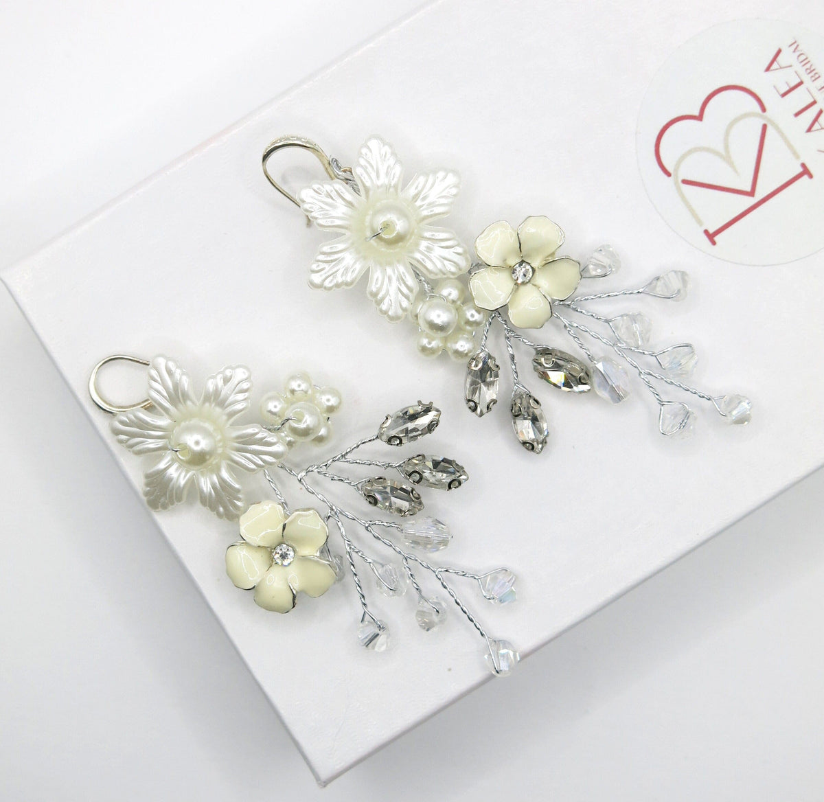 Floral Bridal Earrings, Pearl Petal Wedding Silver Earrings, Dangle Off White Shell Flower Earrings - KaleaBoutique.com