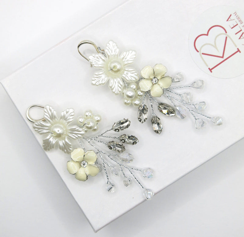 Floral Pearl Earrings, Pearl Petal Wedding Bridal Silver Earrings, Dangle Off White Shell Flower Statement Earrings, Wired Tassel Earrings - KaleaBoutique.com