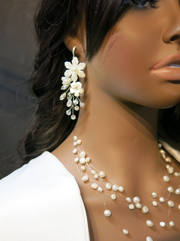 Floral Bridal Earrings, Pearl Petal Wedding Silver Earrings, Dangle Off White Shell Flower Earrings - KaleaBoutique.com