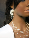Floral Pearl Earrings, Pearl Petal Wedding Bridal Silver Earrings, Dangle Off White Shell Flower Statement Earrings, Wired Tassel Earrings - KaleaBoutique.com