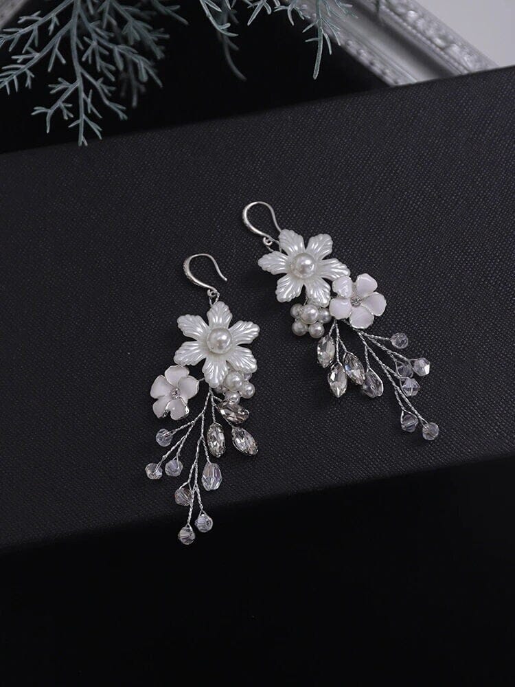 Floral Bridal Earrings, Pearl Petal Wedding Silver Earrings, Dangle Off White Shell Flower Earrings - KaleaBoutique.com