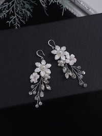 Floral Bridal Earrings, Pearl Petal Wedding Silver Earrings, Dangle Off White Shell Flower Earrings - KaleaBoutique.com