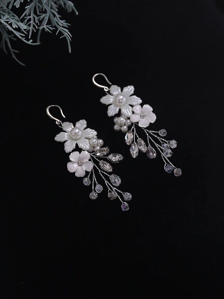 Floral Bridal Earrings, Pearl Petal Wedding Silver Earrings, Dangle Off White Shell Flower Earrings - KaleaBoutique.com