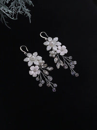 Floral Bridal Earrings, Pearl Petal Wedding Silver Earrings, Dangle Off White Shell Flower Earrings - KaleaBoutique.com