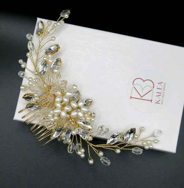 Floral Pearl Hair Comb, Bridal Rhinestone Hairpiece, Wedding Crystal Flower Decorative Hair Comb Headpiece - KaleaBoutique.com
