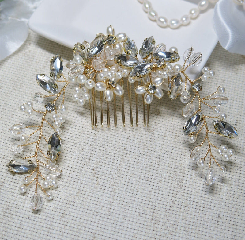 Floral Pearl Hair Comb, Bridal Rhinestone Hairpiece, Wedding Crystal Flower Decorative Hair Comb Headpiece - KaleaBoutique.com