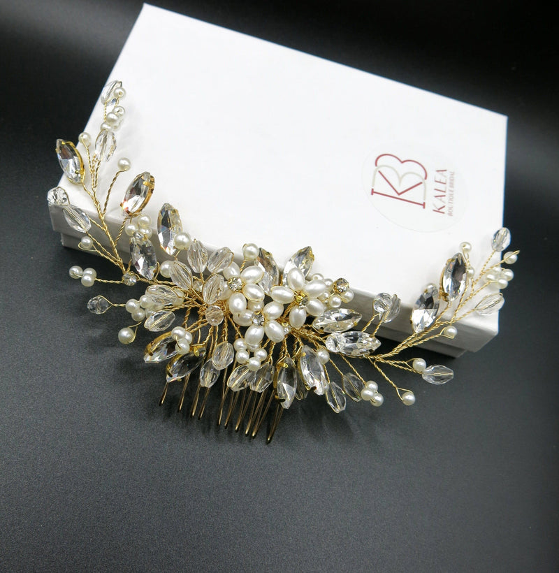 Floral Pearl Hair Comb, Bridal Rhinestone Hairpiece, Wedding Crystal Flower Decorative Hair Comb Headpiece - KaleaBoutique.com