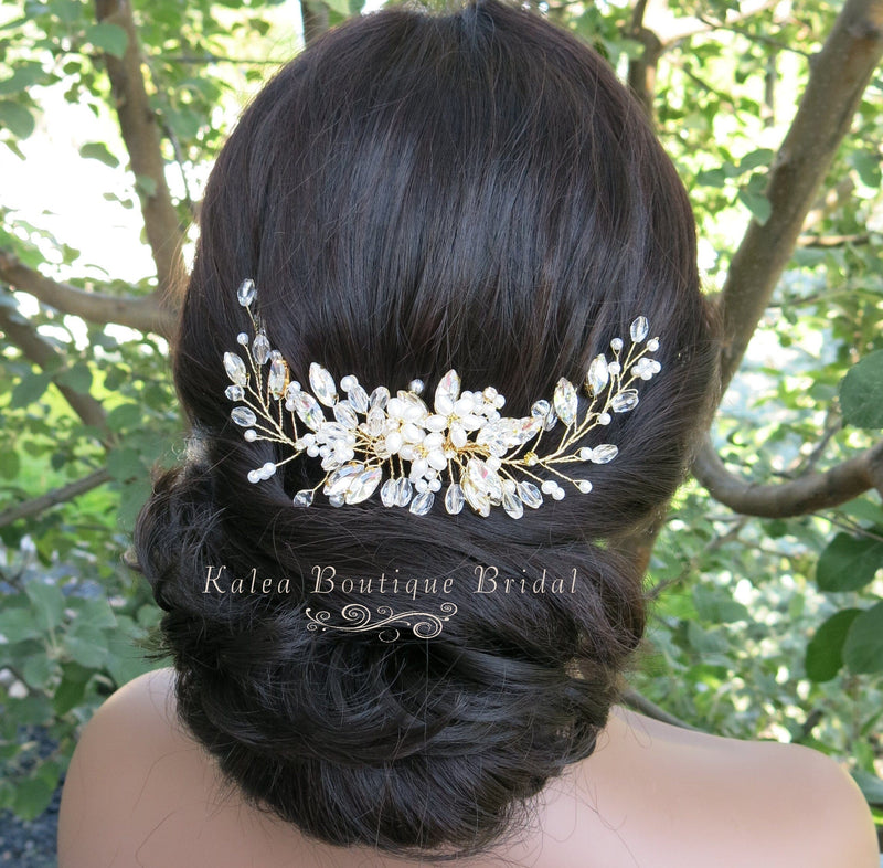 Floral Pearl Gem Hair Comb, Bridal Party Rhinestone Hairpiece, Wedding Crystal Flower Headpiece, Bridesmaid Rhinestone Hairpin Hair Comb - KaleaBoutique.com