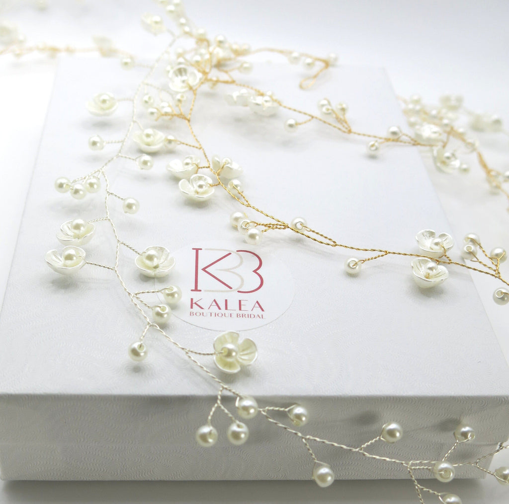 Floral Pearl Hair Vine, Wedding X-Long Flower Hair Wire, Bridal Long Pearl 40"L Hair Garland - KaleaBoutique.com