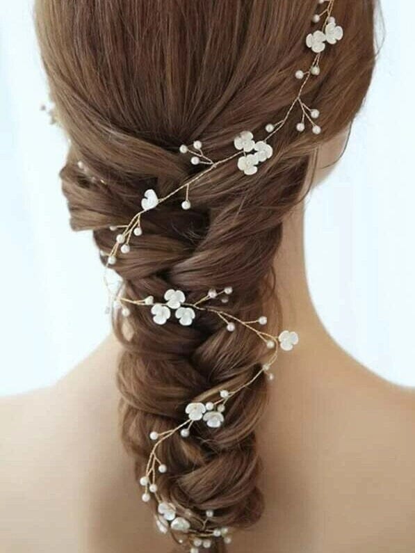 Floral Pearl Hair Vine, Wedding X-Long Flower Hair Wire, Bridal Long Pearl Hair Garland, Bridal Gold or Silver Wire Flower Hairpiece 40.0"L - KaleaBoutique.com