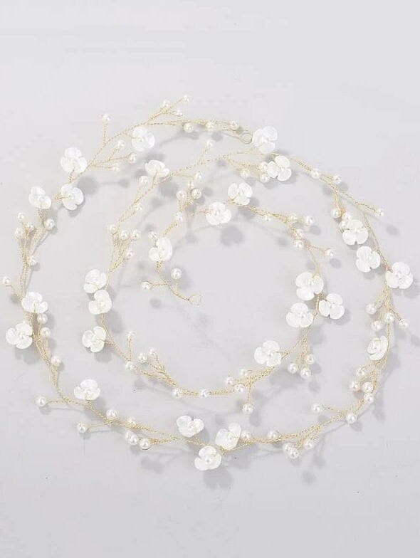 Floral Pearl Hair Vine, Wedding X-Long Flower Hair Wire, Bridal Long Pearl Hair Garland, Bridal Gold or Silver Wire Flower Hairpiece 40.0"L - KaleaBoutique.com