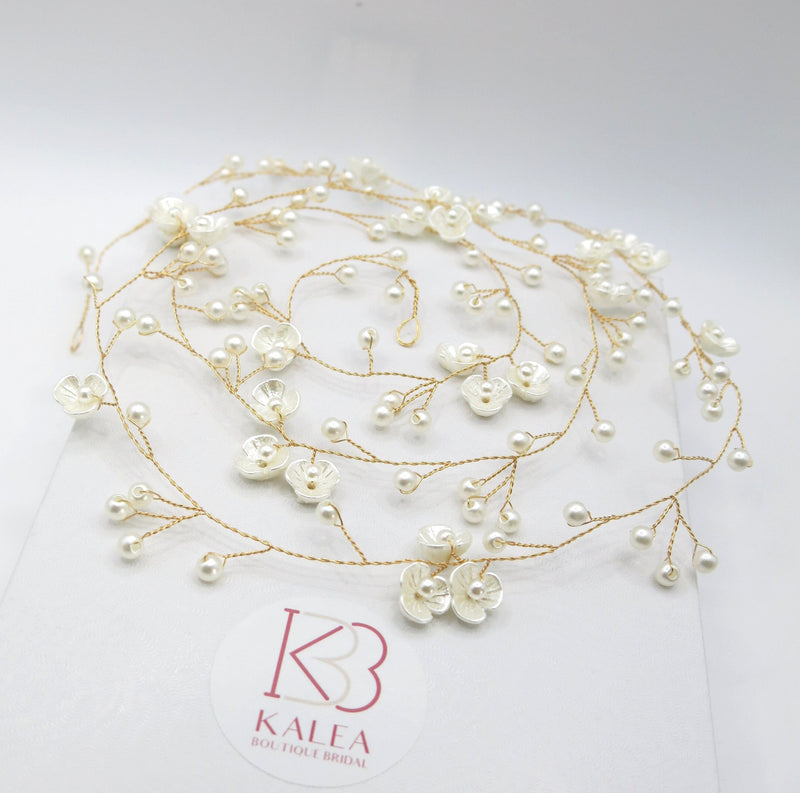 Floral Pearl Hair Vine, Wedding X-Long Flower Hair Wire, Bridal Long Pearl 40"L Hair Garland - KaleaBoutique.com