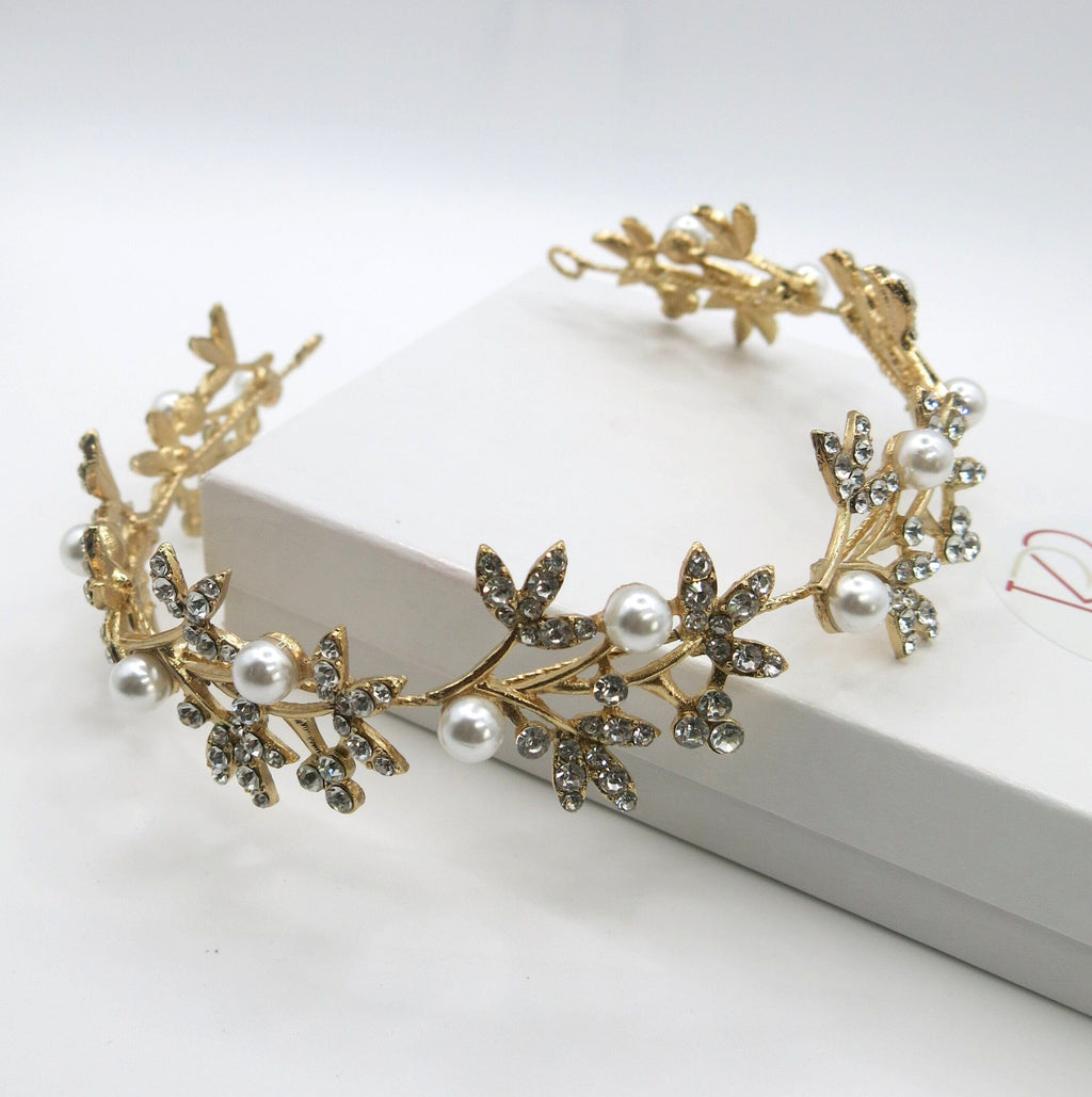 Floral Pearl Rhinestone Crystal Tiara, Bridal Gold Headband, Princess Cosplay Crown Tiara, Wedding Wire Head Wreath, Bride Gem Headpiece - KaleaBoutique.com