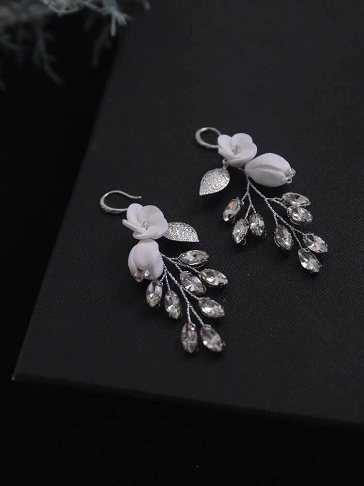 Floral Wire Crystal Earrings, Ceramic Flower Wedding Earrings, Bridal Clay Flower Crystal and Leaf Earrings - KaleaBoutique.com