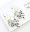 Floral Pearl Wire Earrings, Ceramic Flower Wedding Earrings, Bridal Fashion Silver Wire Earrings, Bridesmaid Statement Crystal Leaf Earrings - KaleaBoutique.com