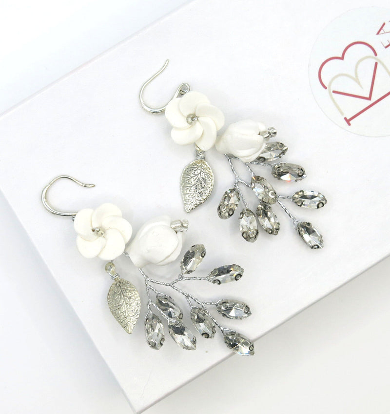 Floral Wire Crystal Earrings, Ceramic Flower Wedding Earrings, Bridal Clay Flower Crystal and Leaf Earrings - KaleaBoutique.com