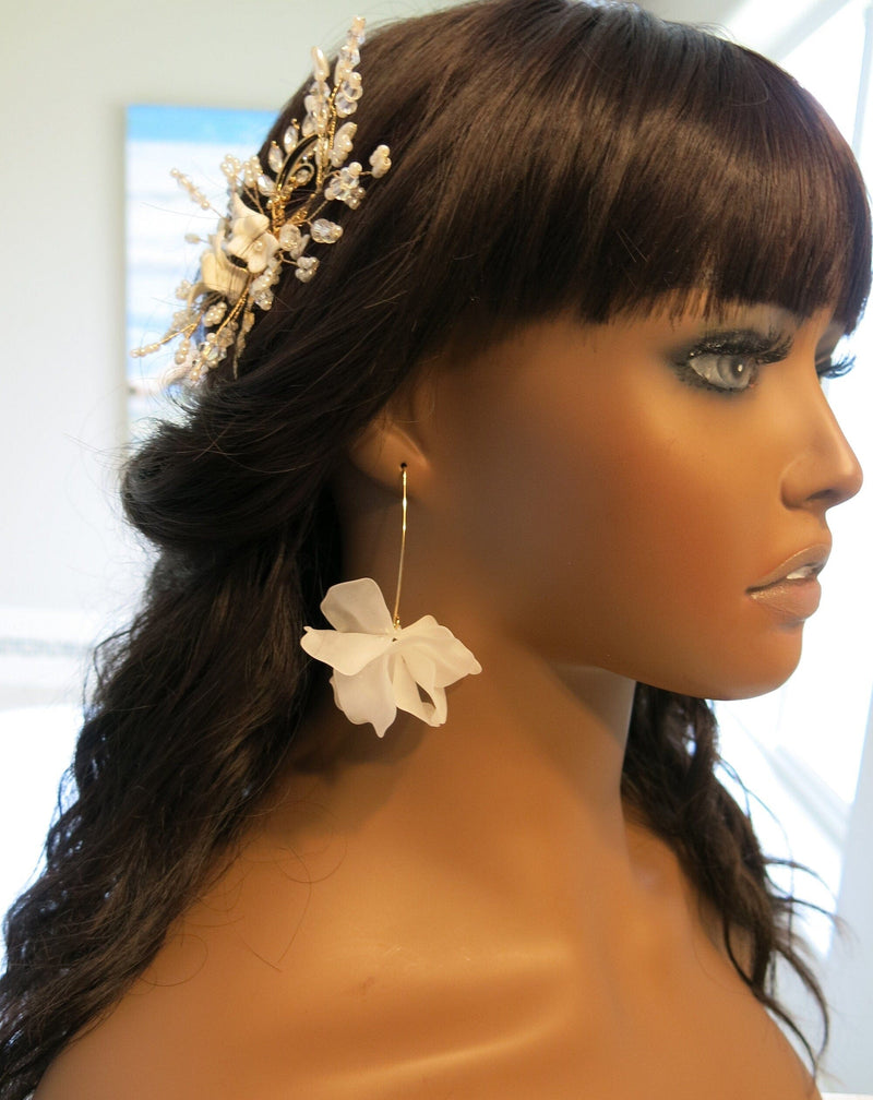 Floral Petal Marquise Hoop Earrings, White Floral Earrings, Wedding Bridal Fashion Hoops, Gold Wire Hoop Flower Earrings, Floral Earrings - KaleaBoutique.com