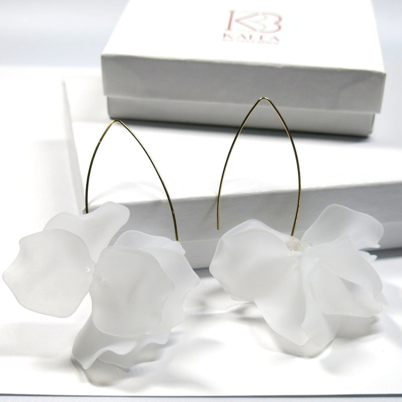 Floral Petal Marquise Hoop Earrings, White Floral Earrings, Wedding Bridal Fashion Hoops, Gold Wire Hoop Flower Earrings, Floral Earrings - KaleaBoutique.com