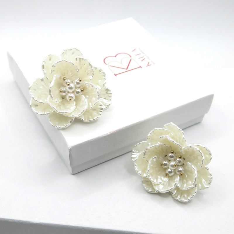 Floral Seashell Oversize Studs, Flowerhead Pearl Large Studs, Wedding Bridal Big Flower Earrings, Multi Layer Floral Studs - KaleaBoutique.com