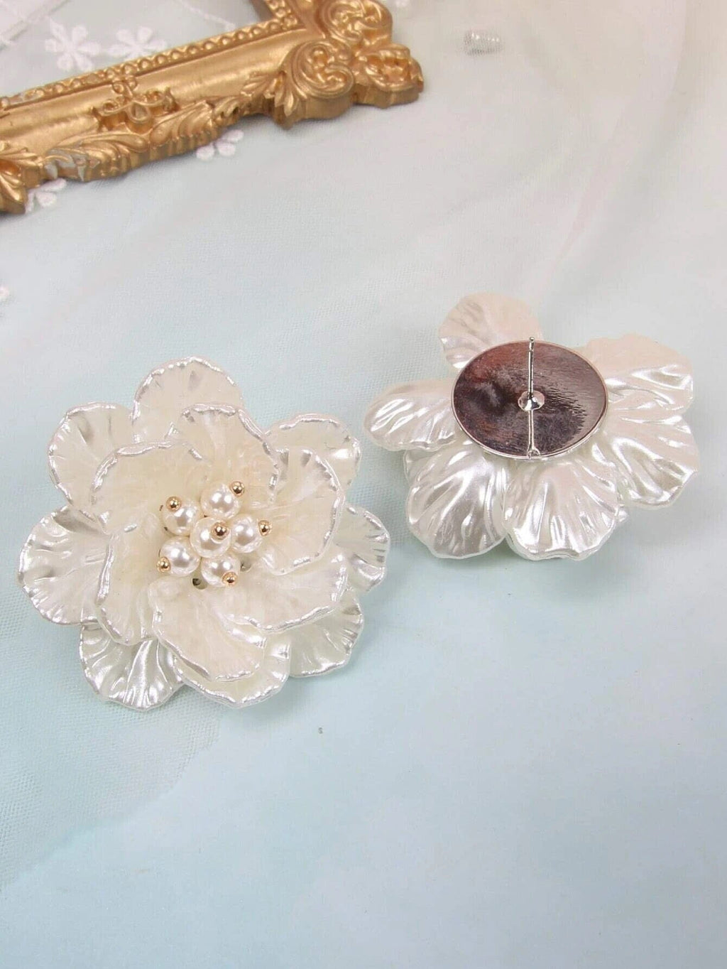 Floral Seashell Oversize Studs, Flowerhead Pearl Large Studs, Wedding Bridal Big Flower Earrings, Multi Layer Floral Studs - KaleaBoutique.com